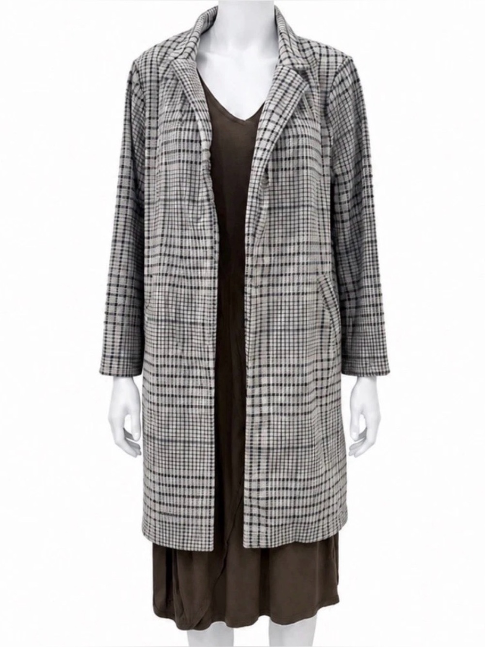 Melloday Plaid Longline Blazer Jacket Gray L